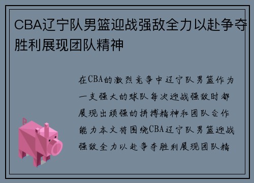 CBA辽宁队男篮迎战强敌全力以赴争夺胜利展现团队精神