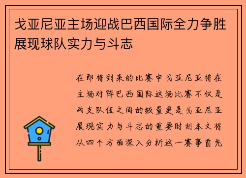 戈亚尼亚主场迎战巴西国际全力争胜展现球队实力与斗志