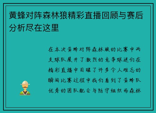 黄蜂对阵森林狼精彩直播回顾与赛后分析尽在这里