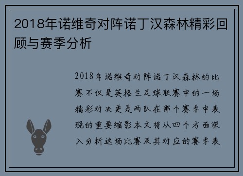 2018年诺维奇对阵诺丁汉森林精彩回顾与赛季分析