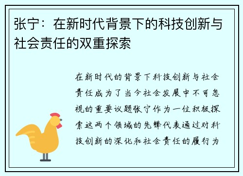 张宁：在新时代背景下的科技创新与社会责任的双重探索