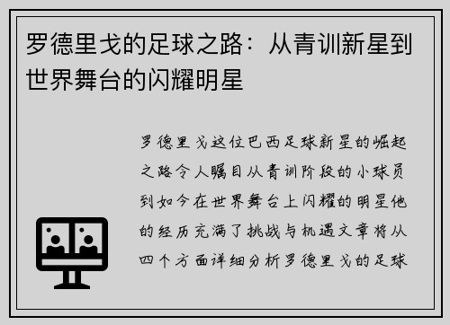 罗德里戈的足球之路：从青训新星到世界舞台的闪耀明星