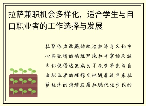拉萨兼职机会多样化，适合学生与自由职业者的工作选择与发展