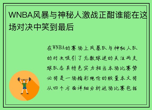 WNBA风暴与神秘人激战正酣谁能在这场对决中笑到最后