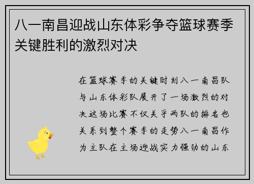 八一南昌迎战山东体彩争夺篮球赛季关键胜利的激烈对决