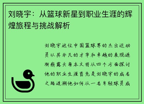 刘晓宇：从篮球新星到职业生涯的辉煌旅程与挑战解析