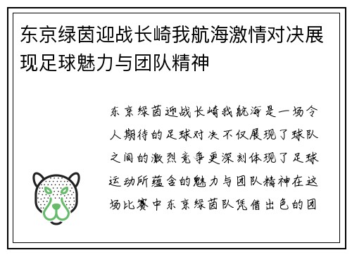 东京绿茵迎战长崎我航海激情对决展现足球魅力与团队精神