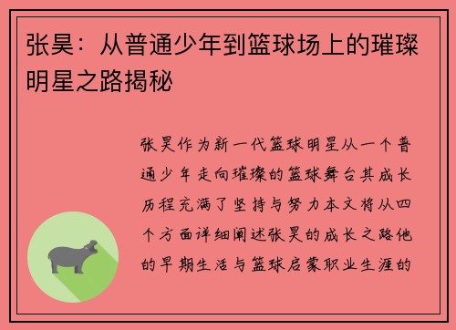 张昊：从普通少年到篮球场上的璀璨明星之路揭秘