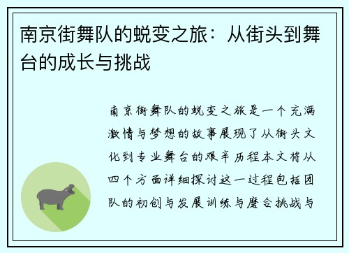 南京街舞队的蜕变之旅：从街头到舞台的成长与挑战