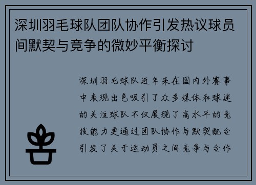 深圳羽毛球队团队协作引发热议球员间默契与竞争的微妙平衡探讨