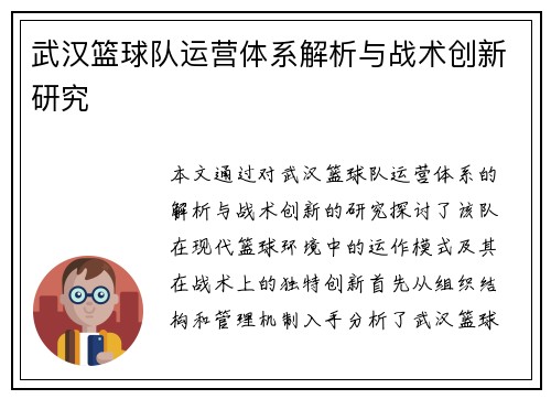 武汉篮球队运营体系解析与战术创新研究